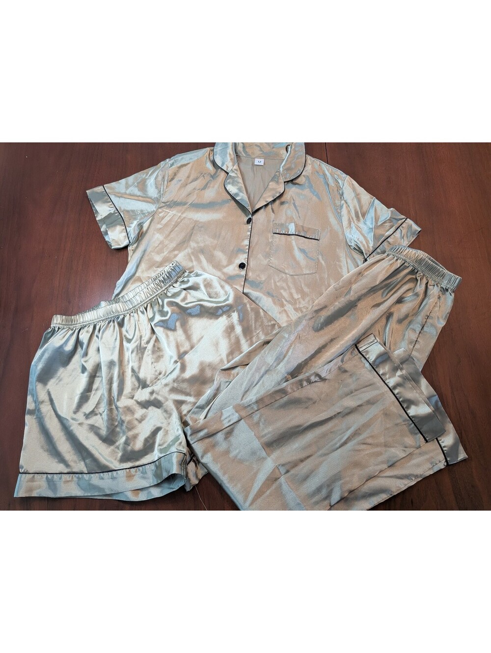 Sage Green Satin Pajama Lounge Set | Button Front Top + Shorts + Pants |